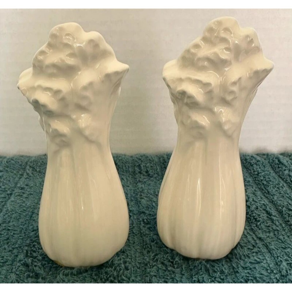 Vintage White Ceramic Celery Stalk Salt and Pepper Shakers MCM